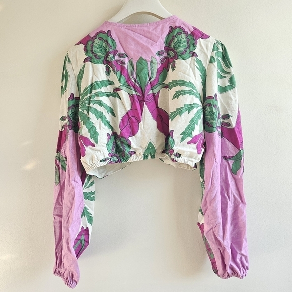 New Caroline Constas Floral Print Long Sleeve Linen Blend Crop Top NWT Large - Picture 10 of 11